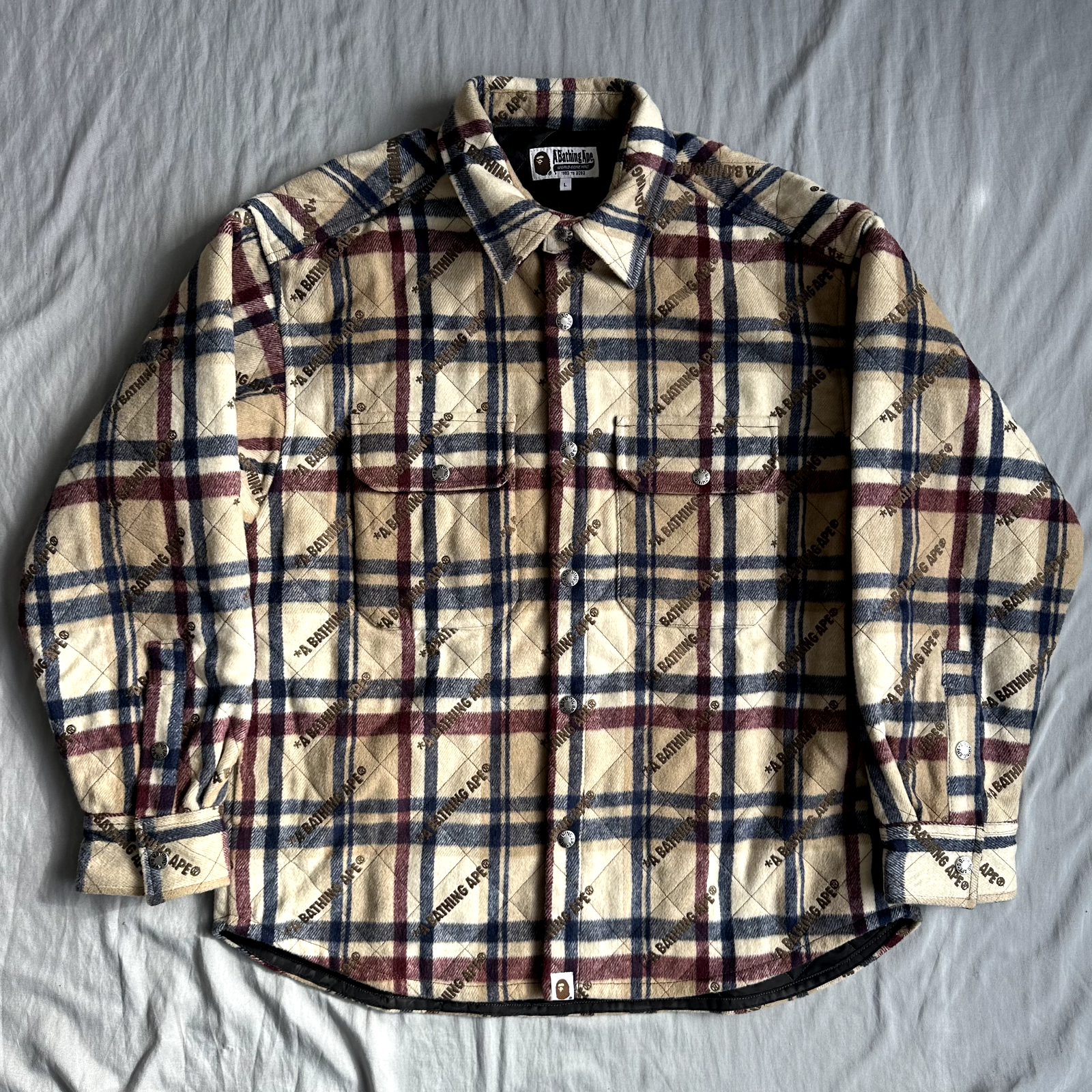 BAPE A Bathing Ape Logo Check Pattern Padded Flannel Shirt Jacket Size Large