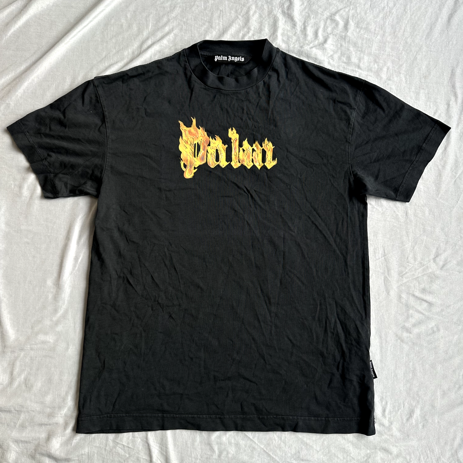 Palm Angels Black Shirt With Front and Back Flame and Gold Accents Size Medium