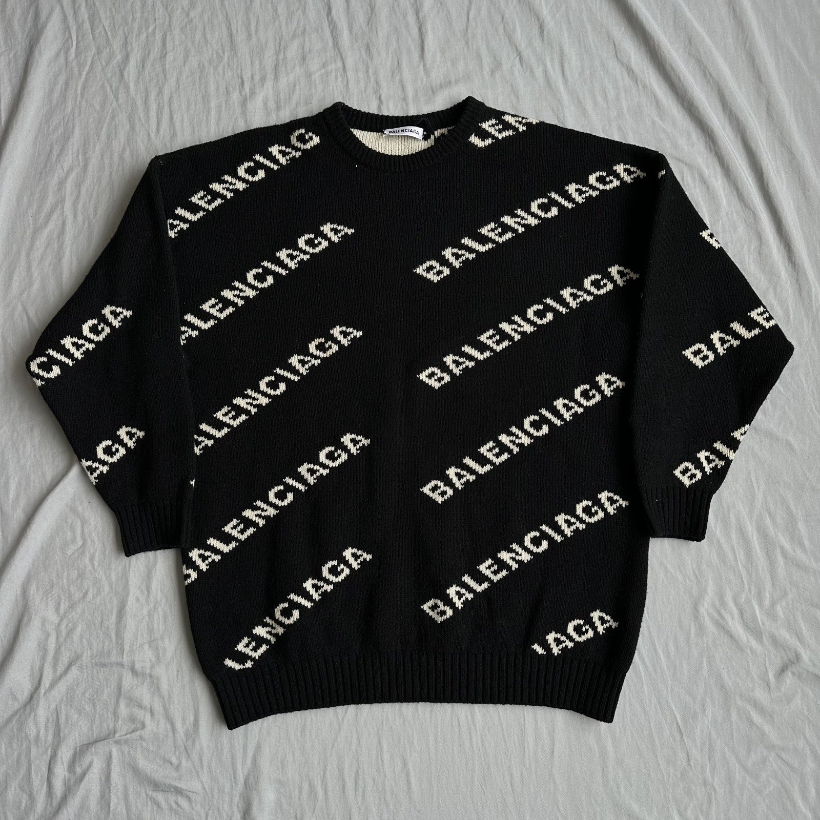 Balenciaga All-Over Logo Wool Knit Sweater Black/White Size Large Retail $1250