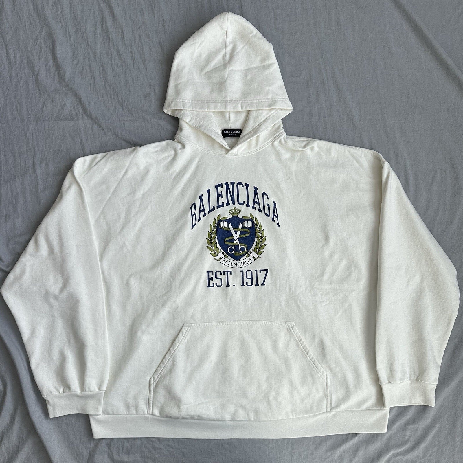 Balenciaga Collegiate Crest Hoodie Cream/Navy Size XL Retail