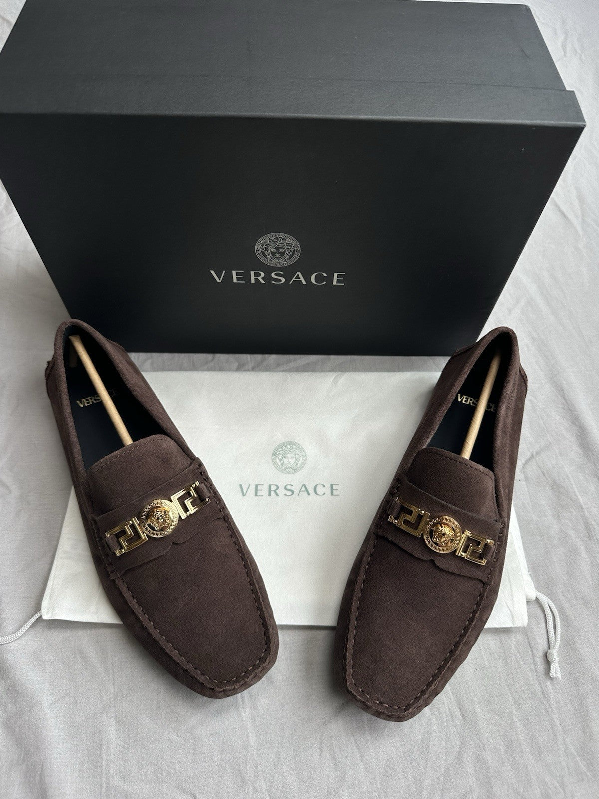 Versace Loafers Brown Suede With Golden Medusa Head