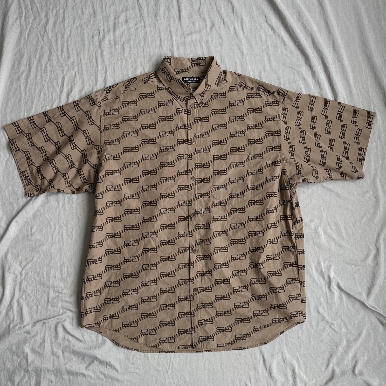 Balenciaga Brown Monogram Short Sleeve Button-Up Shirt Size XL Retail $950