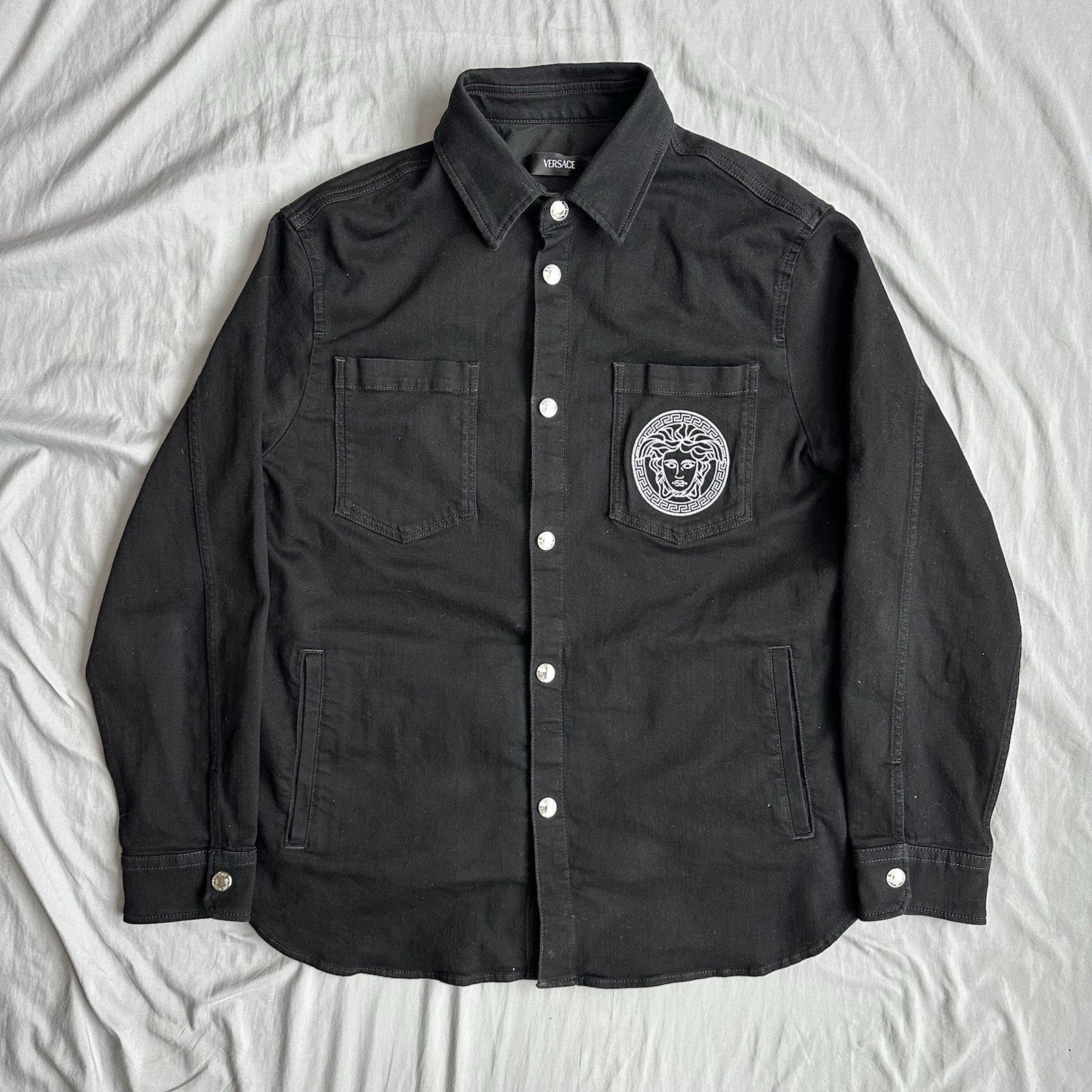 Versace Denim Jacket Black With White Logo and Lettering Size XL Retail $1750