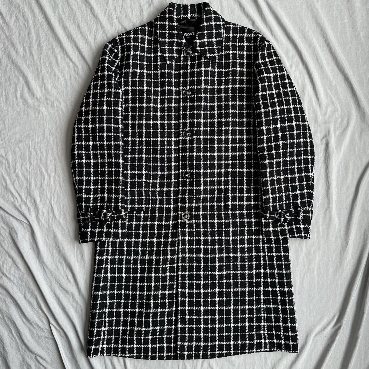 Versace Black And White Checkered Single Breasted Coat Size XL