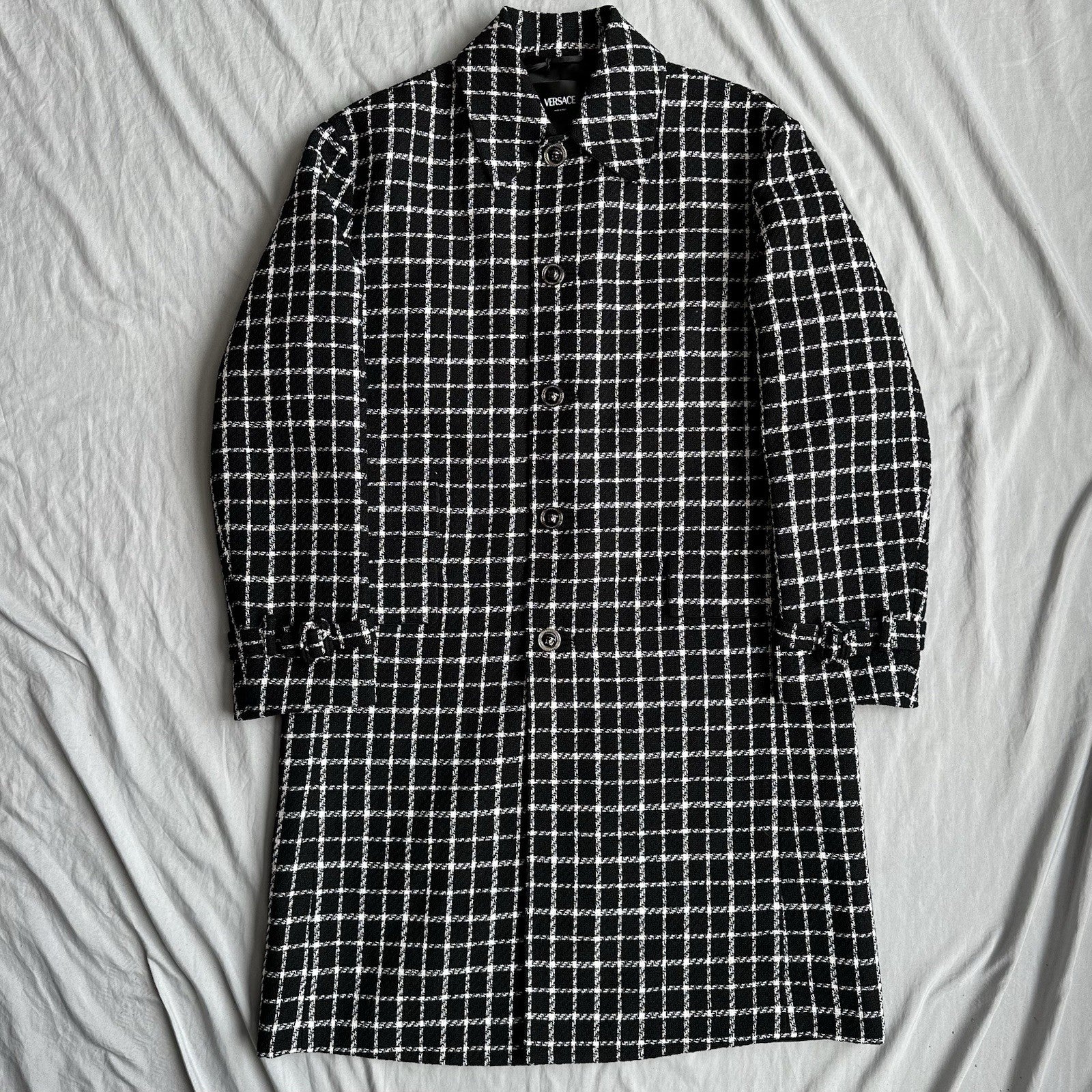 Versace Black And White Checkered Single Breasted Coat Size XL Retail $5,750