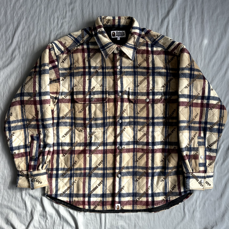 BAPE A Bathing Ape Logo Check Pattern Padded Flannel Shirt Jacket Size Large