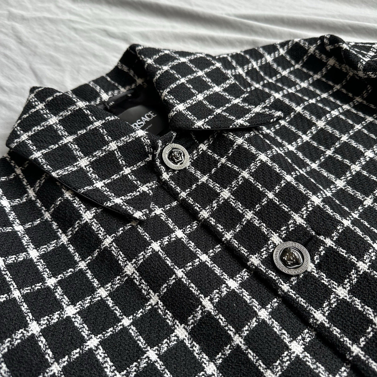 Versace Black And White Checkered Single Breasted Coat Size XL