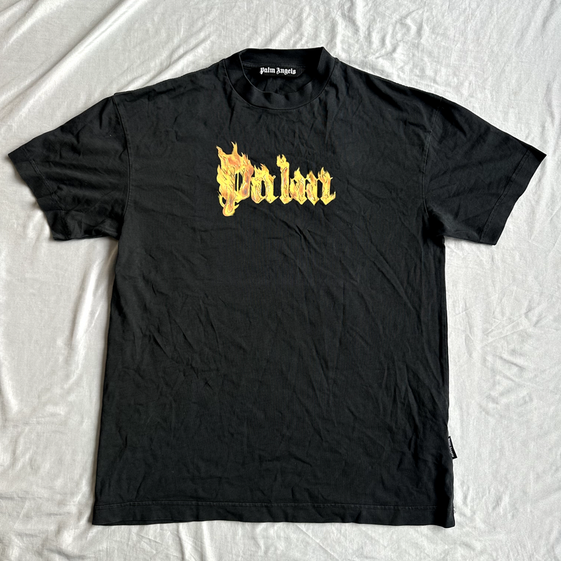Palm Angels Black Shirt With Front and Back Flame and Gold Accents Size Medium