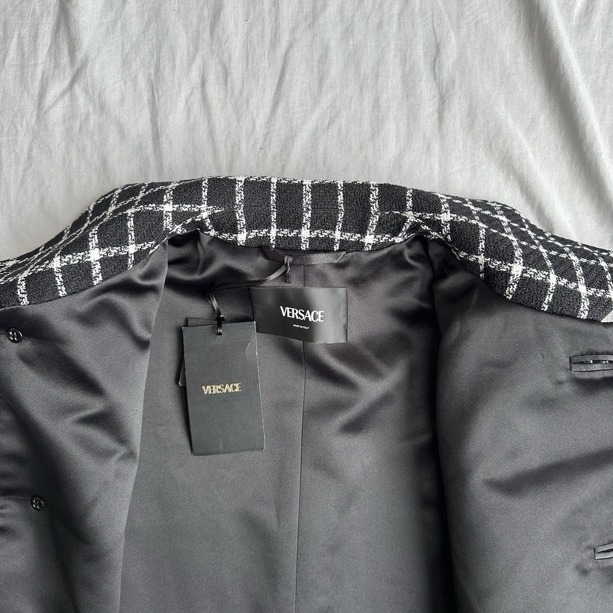 Versace Black And White Checkered Single Breasted Coat Size XL