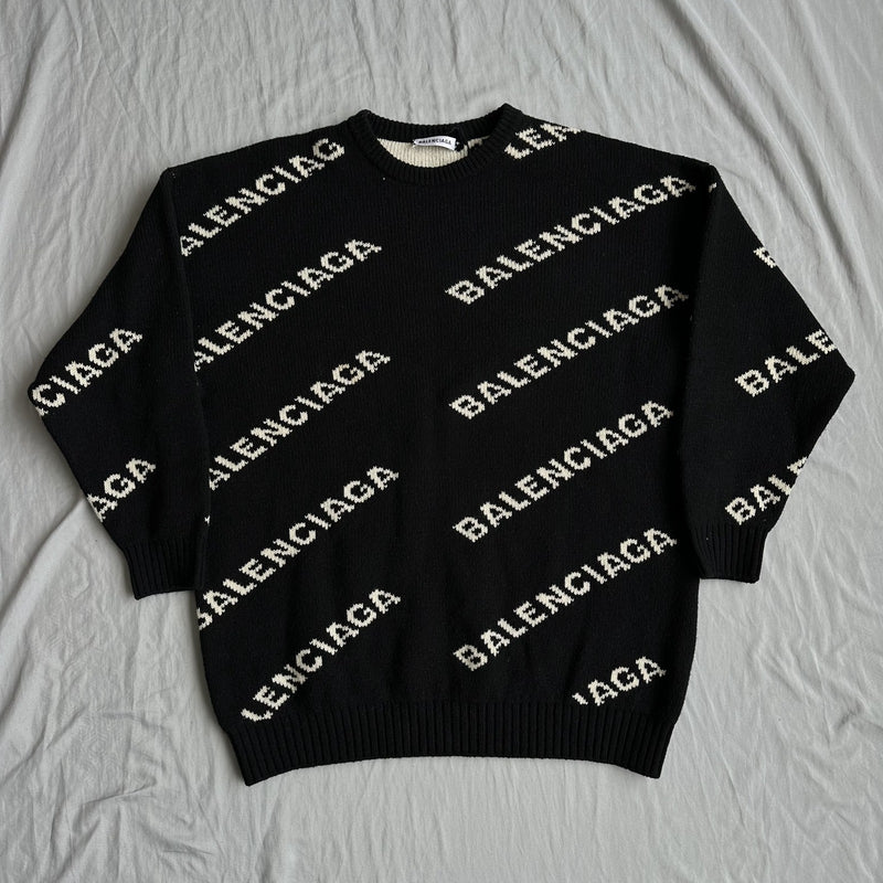 Balenciaga All-Over Logo Wool Knit Sweater Black/White Size Large