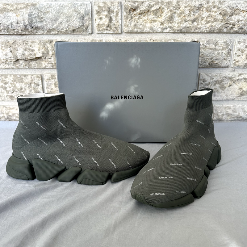 Balenciaga 2.0 Speed Runner Allover Logo Sneakers Olive Size 12