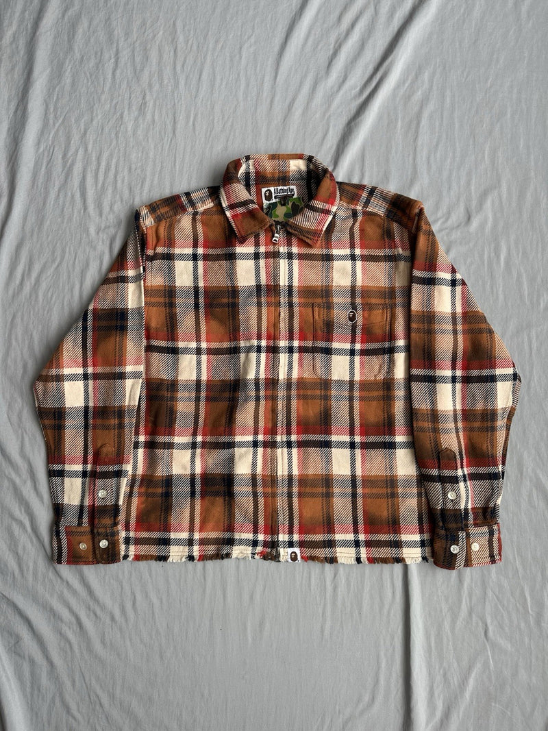 Bape Checkered Flannel Shirt With Distressing and Zipper Size Large