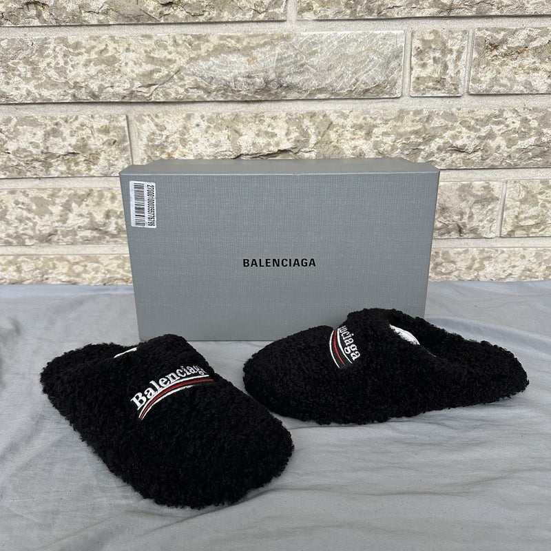Balenciaga Political Campaign Black Fuzzy Slides Size 40EU