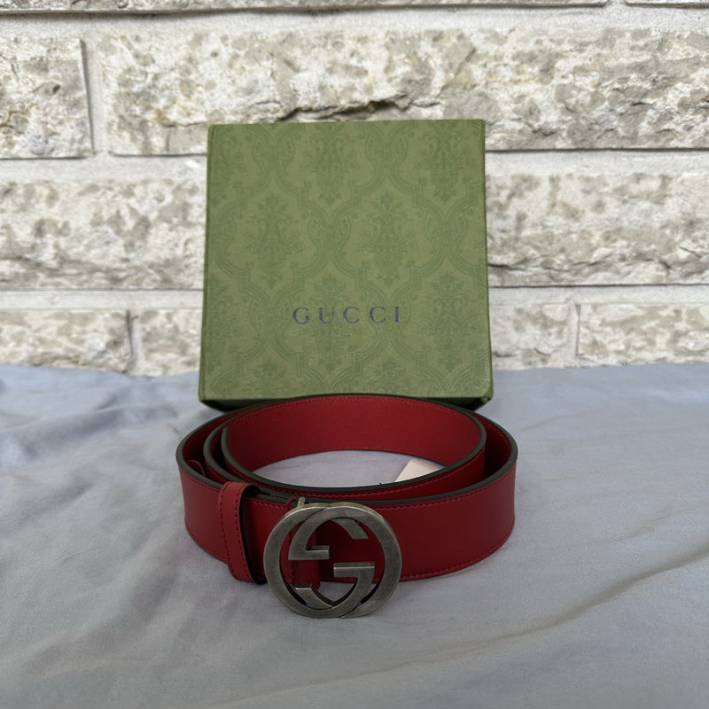 Gucci Red Belt With Interlocking GG Buckle Size 38 Waist