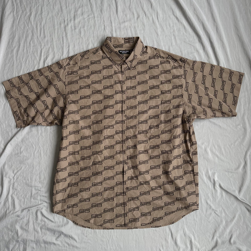 Balenciaga Brown Monogram Short Sleeve Button-Up Shirt Size XL