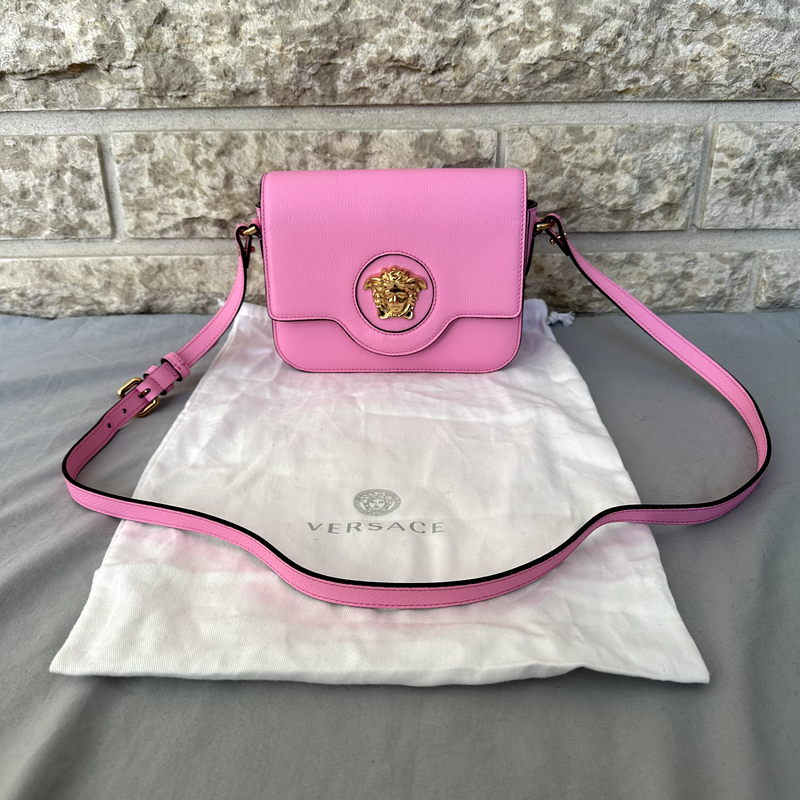 Versace La Medusa Pink Leather Gold Medusa Shoulder Bag