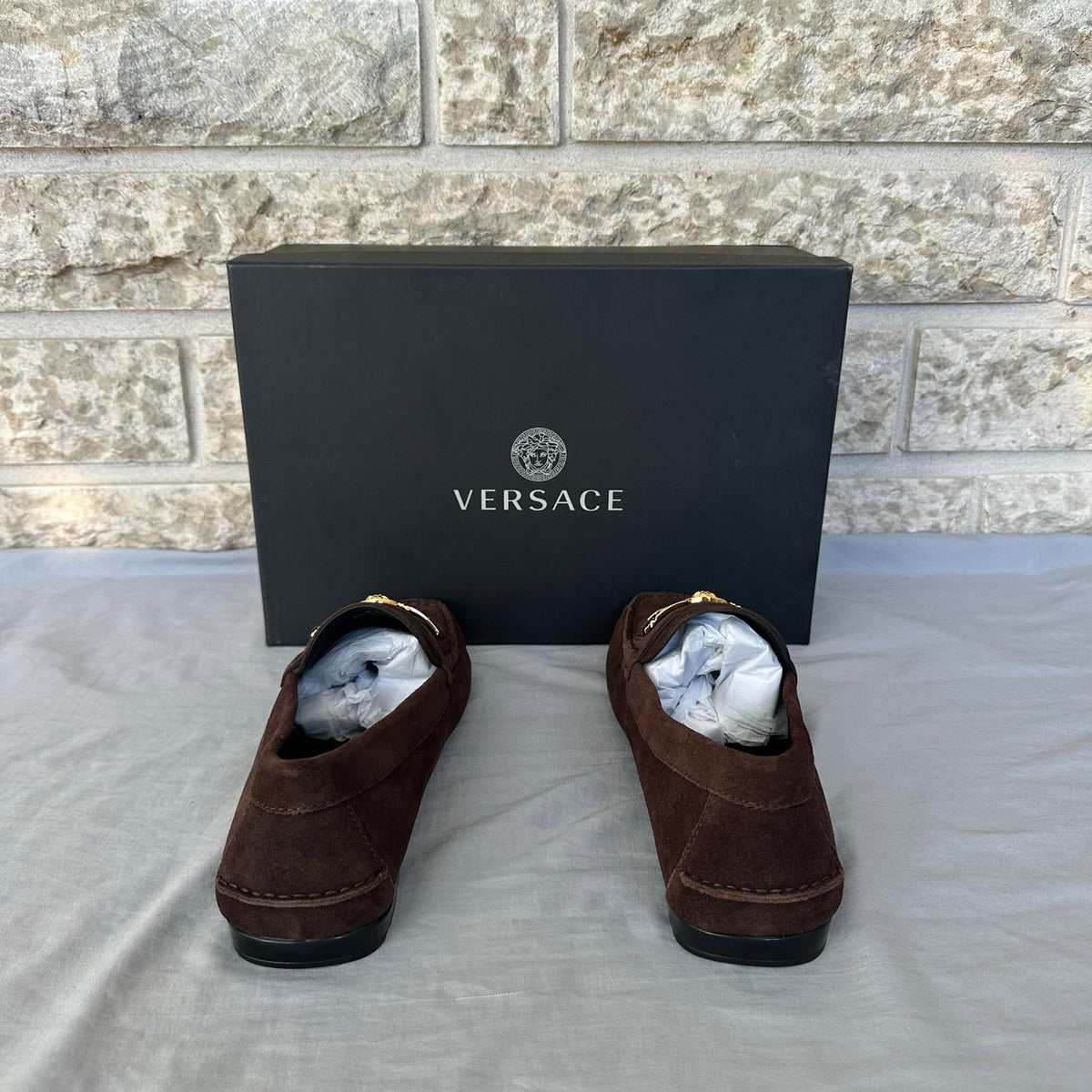 Versace Brown Suede Loafers With Gold Logo Size 8 Retail $790