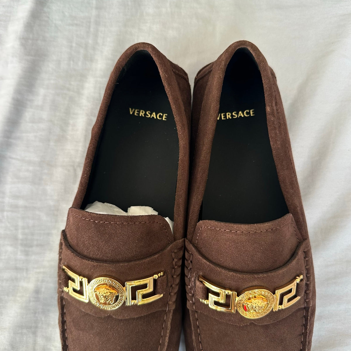 Versace Brown Suede Loafers With Gold Logo Size 8 Retail $790