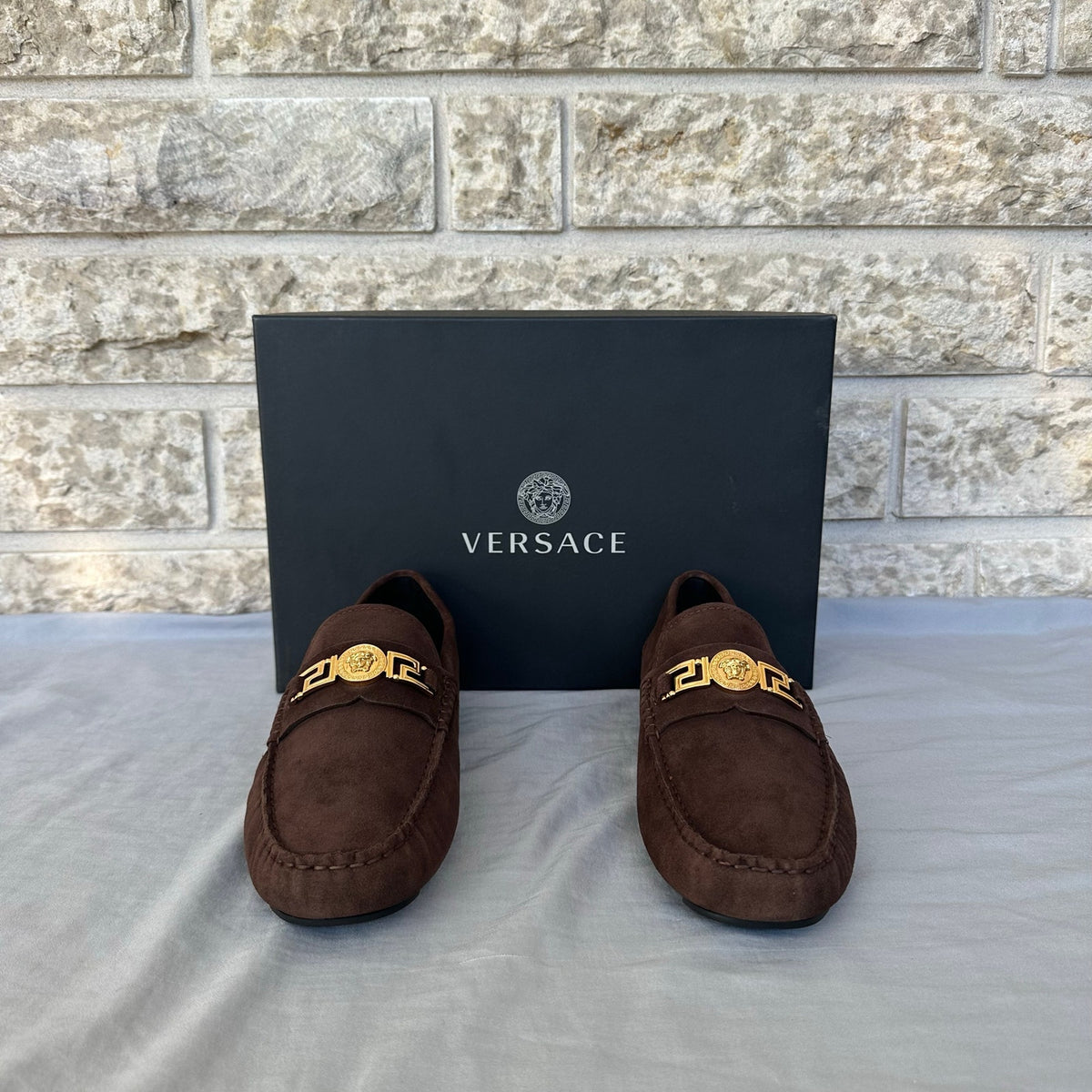 Versace Brown Suede Loafers With Gold Logo Size 8 Retail $790