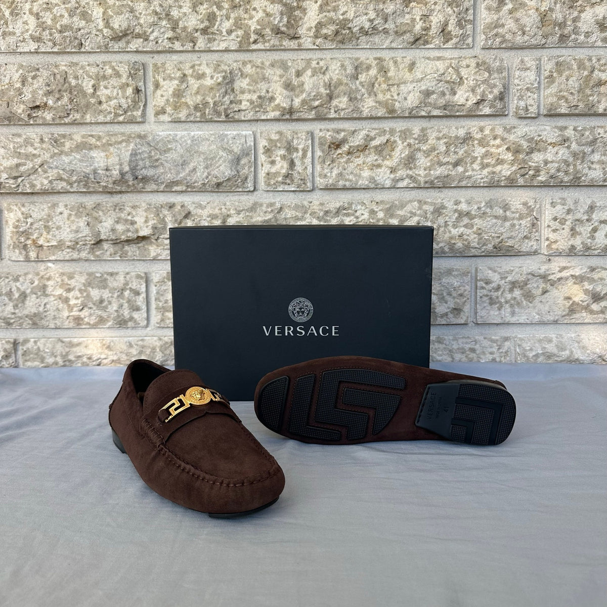 Versace Brown Suede Loafers With Gold Logo Size 8 Retail $790