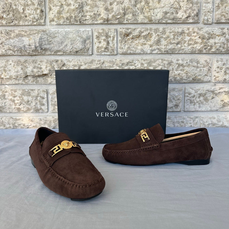 Versace Brown Suede Loafers With Gold Logo Size 8 Retail $790