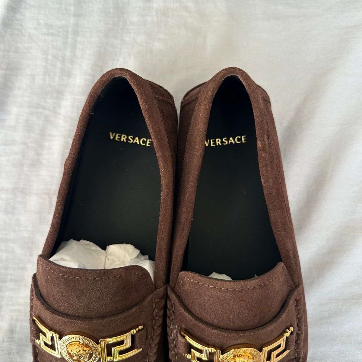 Versace Brown Suede Loafers With Gold Logo Size 8 Retail $790
